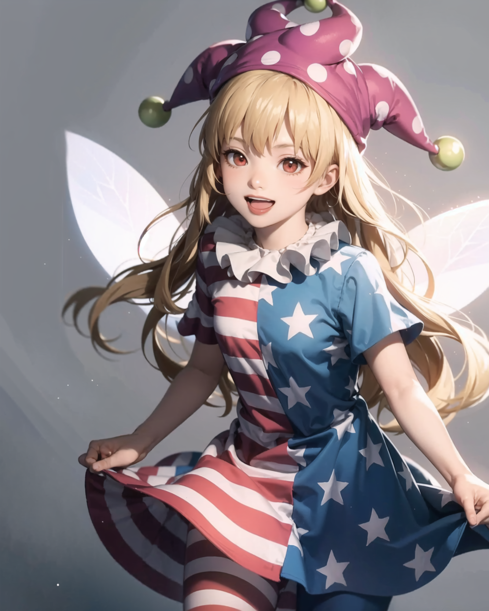 00588-526395245-masterpiece, best quality, _lora_Clownpiece_1_,1girl,jester cap. polka dot,long hair,blonde hair, red eyes,neck ruff, striped dr.png